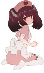 Rule 34 | 1girl, apron, ass, back bow, blush, bow, brown hair, dress, expressionless, feet, full body, hat, headgear, heart, jitome, kneeling, looking at viewer, looking back, looking down, mandarin collar, matching hair/eyes, medium hair, no shoes, nurse, nurse cap, pink dress, pink trim, puffy short sleeves, puffy sleeves, purple hair, raised eyebrows, red eyes, short sleeves, short twintails, simple background, sitting, soles, solo, sumiyao (amam), toes, touhoku kiritan, twintails, voiceroid, wariza, white apron, white background, white legwear