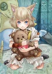 Rule 34 | 10s, 1990s (style), 1girl, animal ears, bell, blonde hair, bloomers, blue eyes, cat ears, child, doodle, drawing, final fantasy, final fantasy iv, final fantasy xiv, hair bell, hair ornament, highres, hugging doll, hugging object, khloe aliapoh, looking at viewer, mandragora (final fantasy), miqo&#039;te, morere, retro artstyle, short hair, signature, sitting, smile, solo, sticker, stuffed animal, stuffed toy, teddy bear, underwear, wariza
