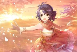 Rule 34 | 1girl, antenna hair, blue hair, blurry, blurry background, blush, bracelet, breasts, brown eyes, choker, corsage, dot nose, dress, earrings, falling petals, flower, frilled dress, frills, gloves, highres, hitsuji oshipu, idolmaster, idolmaster million live!, idolmaster million live! theater days, jewelry, lace, lace choker, large breasts, layered dress, looking at viewer, open mouth, orange sky, outstretched arms, pearl bracelet, petals, pink sash, pink scarf, ribbon, sash, scarf, short hair, sky, sleeveless, sleeveless dress, smile, solo, sparkle, sunlight, sunset, toyokawa fuka, tree, twitter username, wavy hair, white flower, white gloves, yellow ribbon