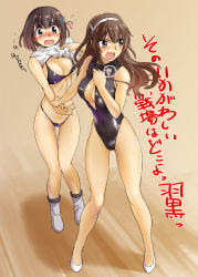 Rule 34 | 10s, 2girls, ashigara (kancolle), bikini, black hair, blush, breasts, brown hair, cleavage, cleavage cutout, clothes lift, clothing cutout, ez6, flying sweatdrops, front zipper swimsuit, haguro (kancolle), hair ornament, hairband, highleg, highleg swimsuit, highres, kantai collection, legs, long hair, meme attire, multiple girls, navel, no socks, one-piece swimsuit, open mouth, shirt lift, shoes, short hair, sweat, swimsuit, translation request, zipper