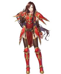 Rule 34 | 1girl, altena (fire emblem), armor, armored boots, boots, breastplate, brown eyes, brown hair, dress, elbow gloves, female focus, fire emblem, fire emblem: thracia 776, fire emblem heroes, full body, garter straps, gloves, headband, highres, lips, lipstick, long hair, makeup, matching hair/eyes, nintendo, official art, pelvic curtain, red armor, red dress, short dress, shoulder armor, smile, solo, standing, thigh strap, thighhighs, transparent background