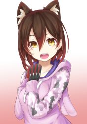 Rule 34 | animal ears, blush, breasts, brown hair, camouflage hoodie, collarbone, highres, hololive, hood, hoodie, kemonomimi mode, looking at viewer, mechanical arms, mechanical hands, medium breasts, open mouth, own hands together, paw print, paw print pattern, pink hoodie, roboco-san, roboco-san (hoodie), semi colon, single mechanical arm, solo, teeth, virtual youtuber, yellow eyes