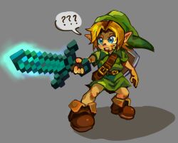 Rule 34 | 1boy, ?, ??, applepums, belt, blonde hair, blue eyes, brown footwear, commentary, english commentary, full body, green hat, green tunic, grey background, hat, highres, holding, holding sword, holding weapon, link, male focus, minecraft, minecraft sword, nintendo, open mouth, pointy ears, shoes, short hair, simple background, solo, spoken question mark, standing, sword, the legend of zelda, weapon