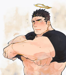 Rule 34 | 1boy, abs, bad id, bad pixiv id, bara, black hair, black shirt, blush, clothes lift, embarrassed, facial hair, halo, highres, lifting own clothes, looking at viewer, looking away, male focus, mature male, muscular, muscular male, pectorals, po fu, shirt, shirt lift, short hair, sideburns, solo, stomach, stubble, sweat, sweatdrop, tokyo houkago summoners, underpec, upper body, zabaniyya (housamo)