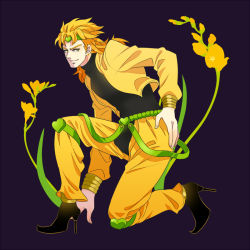 Rule 34 | 1boy, blonde hair, dio brando, earrings, floral background, flower, from side, full body, hand on own hip, headband, heart, high heels, jacket, jewelry, jojo no kimyou na bouken, long sleeves, looking at viewer, male focus, on one knee, p-geist2, pants, purple background, red eyes, shoes, simple background, smile, solo, turtleneck, yellow jacket
