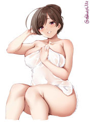 Rule 34 | 1girl, blush, breasts, brown hair, collarbone, cropped legs, ebifurya, highres, kantai collection, large breasts, long hair, mamiya (kancolle), naked towel, open mouth, purple eyes, simple background, smile, solo, towel, twitter username, white background, white towel