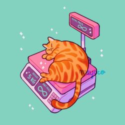 Rule 34 | animal, animal focus, aqua background, artist name, bad id, bad instagram id, cat, closed eyes, english text, full body, infinity symbol, lying, meyoco, no humans, on side, orange cat, original, simple background, sparkle, tail, weighing scale