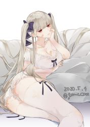 Rule 34 | 1girl, alternate costume, ass, azur lane, bandaid, bandaid on face, blunt bangs, breasts, cleavage, collarbone, commentary request, dated, formidable (azur lane), grey hair, hair ribbon, large breasts, long hair, looking at viewer, lying, neko (ganecooo), on side, red eyes, ribbon, sleepwear, solo, thighhighs, twintails, twitter username, two-tone ribbon, very long hair, white thighhighs