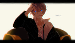 Rule 34 | 1boy, bad id, bad pixiv id, blue eyes, blurry, character name, chromatic aberration, couch, crossed legs, dress shirt, hand in own hair, highres, letterboxed, lipstick mark, male focus, necktie, niconico, off shoulder, popped collar, shirt, sitting, smirk, solo, soraru, usagi (31820156), utaite