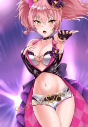 Rule 34 | 1girl, bare shoulders, belt, blush, bow, breasts, chain, cleavage, coattails, crimecrime, earrings, eyelashes, hair between eyes, hair bow, hand on own chest, hat, highres, hip focus, idolmaster, idolmaster cinderella girls, idolmaster cinderella girls starlight stage, jewelry, jougasaki mika, large breasts, long hair, looking at viewer, mini hat, navel, necklace, open mouth, outstretched arm, pink hair, shorts, solo, thighs, white shorts, yellow eyes