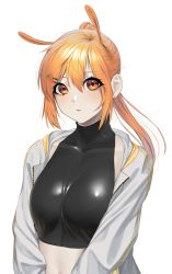 Rule 34 | 1girl, absurdres, bad id, bad pixiv id, blush, brown hair, carrot hair ornament, expressionless, food-themed hair ornament, hair between eyes, hair ornament, hairclip, highres, long hair, looking at viewer, midriff, norunollu, orange eyes, orange hair, original, shadow, shirt, simple background, solo, upper body, white background, white shirt