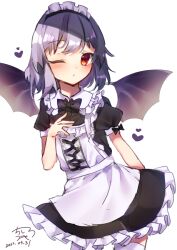 Rule 34 | 1girl, apron, bat wings, black bow, black bowtie, blush, bow, bowtie, chisiro unya (unya draw), closed mouth, cowboy shot, heart, maid, maid apron, maid headdress, one eye closed, purple hair, red eyes, remilia scarlet, simple background, solo, touhou, white background, wings