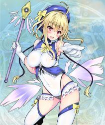 Rule 34 | 1girl, blonde hair, blush, breasts, covered navel, covered erect nipples, frills, gem, gloves, hat, highres, long hair, looking at viewer, magical girl, medium breasts, open mouth, red eyes, ribbon, senra banshou, solo, thighhighs, tongue, wand