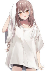 Rule 34 | 1girl, ahoge, black shorts, breasts, brown eyes, brown hair, collarbone, hair between eyes, hair ornament, highres, hololive, hololive english, long hair, looking at viewer, medium breasts, multicolored hair, nanashi mumei, open mouth, oversized clothes, shirt, short sleeves, shorts, shuuzo3, smile, solo, streaked hair, towel, towel around neck, very long hair, virtual youtuber, white shirt
