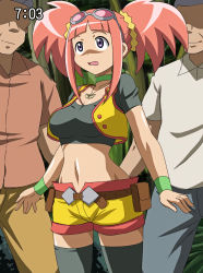 Rule 34 | 00s, 1girl, breasts, climax entertainment, dinosaur king, goggles, highres, jacket, jewelry, makino tomoyasu, midriff, multiple boys, navel, necklace, old, old man, open mouth, pink hair, purple eyes, sega, shirt, short hair, short shorts, shorts, smile, standing, tatsuno malm, taut clothes, taut shirt, thighhighs, timestamp, twintails, zettai ryouiki
