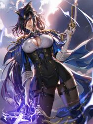 Rule 34 | 1girl, black corset, blue cape, blue hair, blue hat, breasts, button gap, cape, cleavage, clorinde (genshin impact), corset, cowboy shot, dark blue hair, electricity, epaulettes, genshin impact, gloves, glowing, glowing sword, glowing weapon, gun, hat, hat feather, highres, holding, holding gun, holding sword, holding weapon, large breasts, liang xing, purple eyes, solo, standing, sword, thigh strap, thighs, tricorne, vision (genshin impact), weapon, white gloves