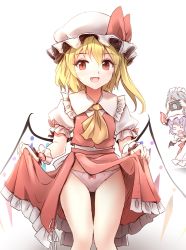 Rule 34 | 3girls, :d, ascot, black legwear, blonde hair, blush, bow, bow panties, camera, clothes lift, commentary request, crotch seam, crystal, fang, flandre scarlet, hat, hat ribbon, izayoi sakuya, long hair, minust, mob cap, multiple girls, open mouth, panties, puffy short sleeves, puffy sleeves, red eyes, remilia scarlet, ribbon, short sleeves, side ponytail, simple background, skindentation, skirt, skirt lift, skirt set, smile, touhou, underwear, white background, white panties, wings, wrist cuffs