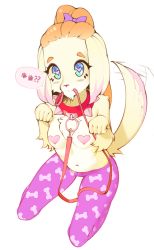 Rule 34 | 1girl, animal collar, bangs pinned back, blue eyes, bone print, breasts, bright pupils, collar, colored skin, commentary, commission, english commentary, furry, furry female, halphelt, heart, heart-shaped pupils, heart pasties, highres, leash, looking at viewer, mouth hold, navel, original, pants, pasties, paw pose, pet play, pink pants, pink pupils, simple background, small breasts, smile, solo, spiked collar, spikes, spoken paw, symbol-shaped pupils, tail, tail wagging, topless, white background, yellow fur, yellow skin