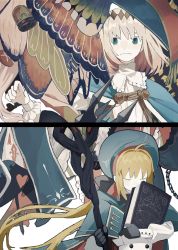 Rule 34 | 1boy, 1girl, ahoge, artoria caster (fate), artoria pendragon (fate), bell, beret, black gloves, blonde hair, blouse, blue cape, blue headwear, book, butterfly wings, cape, chain, closed eyes, diamond (shape), fate/grand order, fate (series), gloves, green eyes, halo, hat, highres, holding, holding book, holding staff, insect wings, low twintails, oberon (fate), shirt, sidelocks, sost fgo, staff, twintails, white hair, white shirt, wings, wrist cuffs