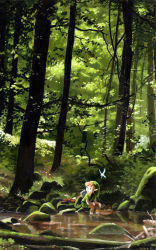 Rule 34 | 1boy, acrylic paint (medium), barefoot, boots, unworn boots, brown hair, brown pants, closed mouth, commentary, erik krenz, fairy, forest, green headwear, hands on own knees, hat, highres, link, long sleeves, looking to the side, nature, navi, nintendo, outdoors, painting (medium), pants, scenery, shield, sitting, smile, soaking feet, stream, the legend of zelda, traditional media, tree, water, wide shot