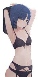 Rule 34 | 1girl, armpits, arms up, black bra, black garter belt, black panties, black pantyhose, black shirt, blue hair, bob cut, bocchi the rock!, bra, closed mouth, collarbone, commentary request, eyes visible through hair, flat chest, garter belt, green eyes, hair ornament, hairclip, highres, hiroki (yyqw7151), lingerie, looking at viewer, mole, mole under eye, navel, panties, pantyhose, shirt, short hair, simple background, solo, stomach, thighhighs, underwear, underwear only, white background, yamada ryo
