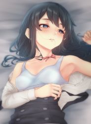 Rule 34 | 1girl, asashio (kancolle), black hair, blue eyes, blush, breasts, closed mouth, crying, crying with eyes open, hair in own mouth, highres, kantai collection, long hair, long sleeves, nuka (nvkka), open clothes, ribbon, school uniform, serafuku, streaming tears, tears, underwear