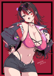 Rule 34 | 1girl, ahoge, artist name, bikini, black hair, breasts, cleavage, commentary request, dated, earrings, fang, heart, heart-shaped eyewear, heart collar, heart tattoo, highleg, highleg bikini, highres, indie virtual youtuber, jacket, jewelry, kichihachi, large breasts, lip piercing, long hair, multicolored hair, navel, piercing, pink bikini, red background, red eyes, red hair, rosalyn rock, short shorts, shorts, solo, swimsuit, tattoo, thighs, tongue, tongue out, two-tone hair, virtual youtuber