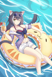 Rule 34 | 1girl, animal ear fluff, animal ears, bikini, black hair, cat ears, cat girl, cat tail, eyewear on head, flan (f l an), green eyes, highres, innertube, karyl (princess connect!), karyl (summer) (princess connect!), long hair, low twintails, midriff, multicolored hair, navel, one eye closed, open fly, partially submerged, princess connect!, short shorts, shorts, smile, solo, streaked hair, sunglasses, swim ring, swimsuit, tail, twintails, very long hair, water