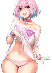Rule 34 | 1girl, absurdres, bare shoulders, blue hair, bracelet, breasts, collar, collarbone, earrings, fang, heart on chest, highres, idolmaster, idolmaster cinderella girls, jewelry, knatb, large breasts, lifting own clothes, looking at viewer, multicolored hair, navel, open mouth, panties, pink eyes, pink hair, pink panties, shirt, short hair, short sleeves, simple background, solo, t-shirt, two-tone hair, underwear, white background, yumemi riamu