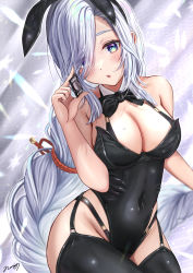 Rule 34 | 1girl, absurdres, animal ears, black bow, black bowtie, black thighhighs, blue eyes, blush, bow, bowtie, braid, breasts, cleavage, collarbone, commentary, condom, condom wrapper, eyelashes, fake animal ears, feet out of frame, garter straps, genshin impact, hair over one eye, highres, holding, large breasts, leotard, long bangs, long hair, looking at viewer, low-braided long hair, low-tied long hair, nori chazuke, open mouth, playboy bunny, rabbit ears, shenhe (genshin impact), solo, standing, thighhighs, thighs, wing collar