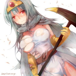 Rule 34 | 1girl, blue hair, boots, breasts, cape, circlet, cleavage, dragon quest, dragon quest iii, elbow gloves, gloves, large breasts, long hair, red eyes, sage (dq3), solo, staff, tears, tiara, torn clothes, yoshidau