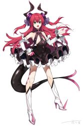 Rule 34 | 10s, 1girl, black dress, blue eyes, boots, curled horns, detached sleeves, dragon girl, dragon horns, dragon tail, dress, elizabeth bathory (fate), elizabeth bathory (fate/extra ccc), elizabeth bathory (first ascension) (fate), fang, fate/extra, fate/extra ccc, fate (series), full body, hair between eyes, hair ribbon, hanagata, hand on own hip, hand up, horns, knee boots, long hair, long sleeves, open mouth, purple ribbon, red hair, ribbon, simple background, sleeveless, sleeveless dress, solo, spiked boots, spikes, standing, tail, two side up, very long hair, white background, white footwear