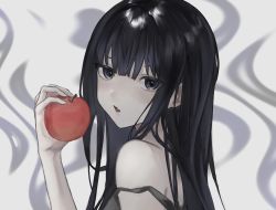 Rule 34 | 1girl, apple, bad id, bad twitter id, bare shoulders, black eyes, black hair, black tank top, character request, commentary, copyright request, fang, food, from side, fruit, grey background, hand up, highres, holding, holding food, holding fruit, long hair, looking at viewer, parted lips, skin fang, solo, strap slip, suimin (sui 0y0), tank top