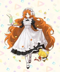 Rule 34 | 1girl, animalization, apron, binsusoda, black dress, black footwear, bow, closed mouth, cream soda, don quixote (project moon), dress, food, freckles, frilled apron, frilled dress, frills, full body, gloves, hair bow, hairband, highres, ice cream, ice cream float, ishmael (project moon), juliet sleeves, ketchup, limbus company, long hair, long sleeves, maid day, melon soda, orange hair, pantyhose, project moon, puffy sleeves, shoes, sidelocks, solo, stuffed animal, stuffed toy, teddy bear, very long hair, white apron, white background, white bow, white gloves, white hairband, white pantyhose