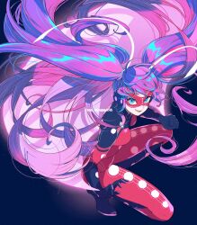 Rule 34 | 1girl, blue eyes, bodysuit, highres, ladybiquity (character), long hair, looking at another, marinette dupain-cheng, miraculous ladybug, purple hair, red bodysuit, red mask, seio (nao miragggcc45), smile, solo, superhero costume, twintails