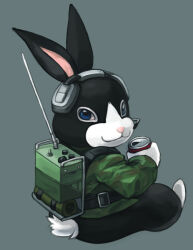 Rule 34 | animal, animal focus, beer can, black fur, blue eyes, botasky, can, cat shit one, drink can, field radio, grey background, headphones, holding, holding can, jacket, looking back, military, military jacket, no humans, rabbit, radio, sitting, smile, taakao3000
