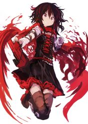 Rule 34 | 1girl, absurdres, belt, black belt, black skirt, bob cut, cloak, commentary request, cross-laced clothes, full body, grin, hair between eyes, highres, holding, kaamin (mariarose753), legs together, looking at viewer, loose belt, medium hair, red cloak, red theme, ruby rose, rwby, sideways mouth, simple background, skirt, smile, solo, thighhighs, white background