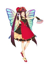 Rule 34 | 00s, 1girl, absurdres, bad id, bad pixiv id, bare legs, bare shoulders, black gloves, blunt bangs, bug, butterfly, butterfly wings, chinese clothes, double bun, dress, frills, full body, fur, gloves, hair bun, hair ornament, hair ribbon, hand fan, highres, insect, insect wings, jewelry, lanhua, long hair, looking at viewer, mermaid melody pichi pichi pitch, microphone, ohisashiburi, open mouth, pointy ears, purple hair, red eyes, ribbon, simple background, sleeveless, smile, solo, standing, twintails, very long hair, white background, wings