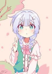 Rule 34 | :&lt;, alternate color, alternate hairstyle, aqua eyes, beige shirt, blunt bangs, blush, bow, bowtie, braid, bush, buttons, center frills, closed mouth, collared shirt, commentary request, frilled shirt collar, frilled sleeves, frills, green eyes, green shirt, green vest, hair bow, hand up, highres, konpaku youmu, layered sleeves, long sleeves, looking at viewer, orange background, partial commentary, petals, pink bow, pink bowtie, sansen (ekd5870), serious, shirt, short hair, short sleeves, signature, solo, sweatdrop, touhou, tree, twin braids, v, v-shaped eyebrows, vest, white hair