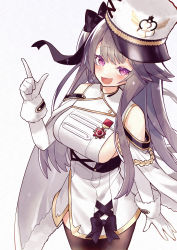 Rule 34 | 1girl, :d, absurdres, akutaa, azur lane, black pantyhose, bow, breasts, cape, commentary request, detached sleeves, fang, from above, gloves, grey hair, hair bow, hair ribbon, hat, highres, huge filesize, index finger raised, long hair, looking at viewer, looking up, medal, one side up, open mouth, pamiat merkuria (azur lane), pantyhose, peaked cap, pointing, pointing up, purple eyes, retrofit (azur lane), ribbon, sideboob, sidelocks, simple background, smile, solo, sparkle, white gloves