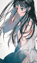 Rule 34 | 1girl, black hair, blue eyes, dress, floating hair, grey background, highres, long hair, looking ahead, open mouth, original, shadow, shiomi (lowrise), sidelocks, simple background, sleeveless, sleeveless dress, solo, upper body, white dress
