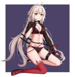 Rule 34 | 1girl, ahoge, asymmetrical legwear, bikini, black bikini, black gloves, black sleeves, breasts, cleavage, collarbone, fate/grand order, fate (series), floating hair, full body, gloves, groin, hair between eyes, highres, holding, holding sword, holding weapon, jeanne d&#039;arc alter (swimsuit berserker) (fate), jeanne d&#039;arc (fate), jeanne d&#039;arc alter (fate), jeanne d&#039;arc alter (swimsuit berserker) (fate), kapamiao, kneeling, long hair, long sleeves, looking at viewer, medium breasts, navel, o-ring, o-ring bikini, parted lips, red thighhighs, sheath, sheathed, shrug (clothing), silver hair, single thighhigh, solo, swimsuit, sword, thigh strap, thighhighs, uneven legwear, very long hair, weapon, yellow eyes