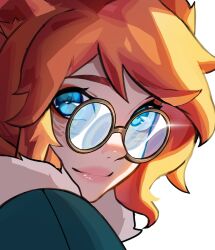 Rule 34 | 1girl, absurdres, animal ears, aurora (league of legends), blue eyes, close-up, closed mouth, freckles, fur trim, glasses, hair between eyes, harimi (harimizz), highres, league of legends, looking at viewer, portrait, rabbit girl, round eyewear, sidelocks, simple background, smile, solo, white background