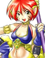 Rule 34 | 1girl, animal ears, blush, breasts, breath of fire, breath of fire ii, bustier, capcom, cat ears, cat tail, claws, drawfag, facial mark, full body, furry, furry female, gloves, green eyes, no panties, no pants, orange hair, rinpoo chuan, short hair, solo, tail