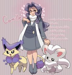 Rule 34 | 1girl, 2others, black eyes, blush, bright pupils, cat, character name, cinccino, closed mouth, coat, colored skin, creatures (company), delcatty, english text, eyelashes, fang, fluffy, full body, game freak, gen 3 pokemon, gen 5 pokemon, glasses, grey background, grey coat, grey footwear, grey skin, grin, half-closed eyes, highres, lipstick, long hair, looking to the side, loveycloud, makeup, multiple others, nail polish, nintendo, open mouth, original, parted bangs, pokemon, pokemon (creature), purple fur, purple hair, red background, red eyes, red lips, red nails, scarf, semi-rimless eyewear, shoes, smile, sparkle, standing, striped, striped background, tail, white fur, white pupils, white scarf, yellow skin