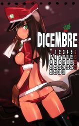 Rule 34 | 1girl, animal ears, ass, brown gloves, brown hair, bustier, butt crack, calendar, christmas, federica n. doglio, gloves, green eyes, hat, italian text, panties, red panties, revealing clothes, sack, santa costume, shimada fumikane, solo, strike witches, strike witches: kurenai no majo-tachi, tail, thighhighs, underwear, world witches series