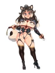 Rule 34 | 1girl, badger ears, bdsm, black footwear, black hair, black thighhighs, bondage outfit, boots, bracelet, breasts, curvy, dairoku ryouhei, dominatrix, fang, full body, garter straps, grey eyes, high heels, holding, holding whip, jewelry, large breasts, long hair, looking at viewer, multicolored hair, navel, official art, open mouth, over-kneehighs, pasties, revealing clothes, ryoji (nomura ryouji), shortstack, solo, spiked bracelet, spikes, standing, thighhighs, transparent background, two-tone hair