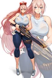 Rule 34 | absurdres, bare arms, bare shoulders, blush, breasts, collarbone, commission, gun, gurimjang, hair between eyes, high ponytail, highres, holding, holding weapon, huge breasts, lipstick, long hair, looking to the side, makeup, original, pink hair, pixiv commission, purple eyes, simple background, skin tight, smile, solo, standing, very long hair, weapon, white footwear, zoom layer