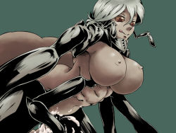 Rule 34 | 1girl, breasts, brown eyes, cum, extra arms, green background, grey hair, komori an, large breasts, licking lips, mon-musu quest!, nipples, queen ant (mon-musu quest!), sidelocks, simple background, solo, tongue, tongue out