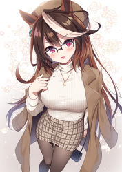 Rule 34 | 1girl, animal ears, arm behind back, bag, bespectacled, black bag, black pantyhose, brown background, brown hair, brown hat, brown jacket, crescent, crescent necklace, floral background, glasses, hair between eyes, hat, holding, holding bag, horse ears, horse girl, jacket, jewelry, long hair, looking at viewer, mauve, moon (ornament), necklace, open mouth, over-rim eyewear, pantyhose, pencil skirt, purple eyes, semi-rimless eyewear, skirt, smile, solo, sweater, symboli rudolf (umamusume), turtleneck, turtleneck sweater, umamusume, very long hair, white sweater